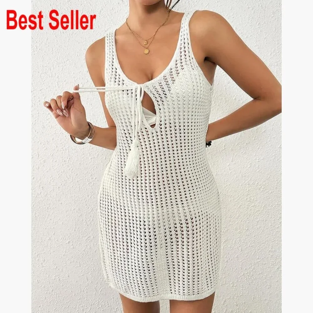 Crochet Hollow Out Backless Beach Cover Up Sleeveless 100% Acrylic